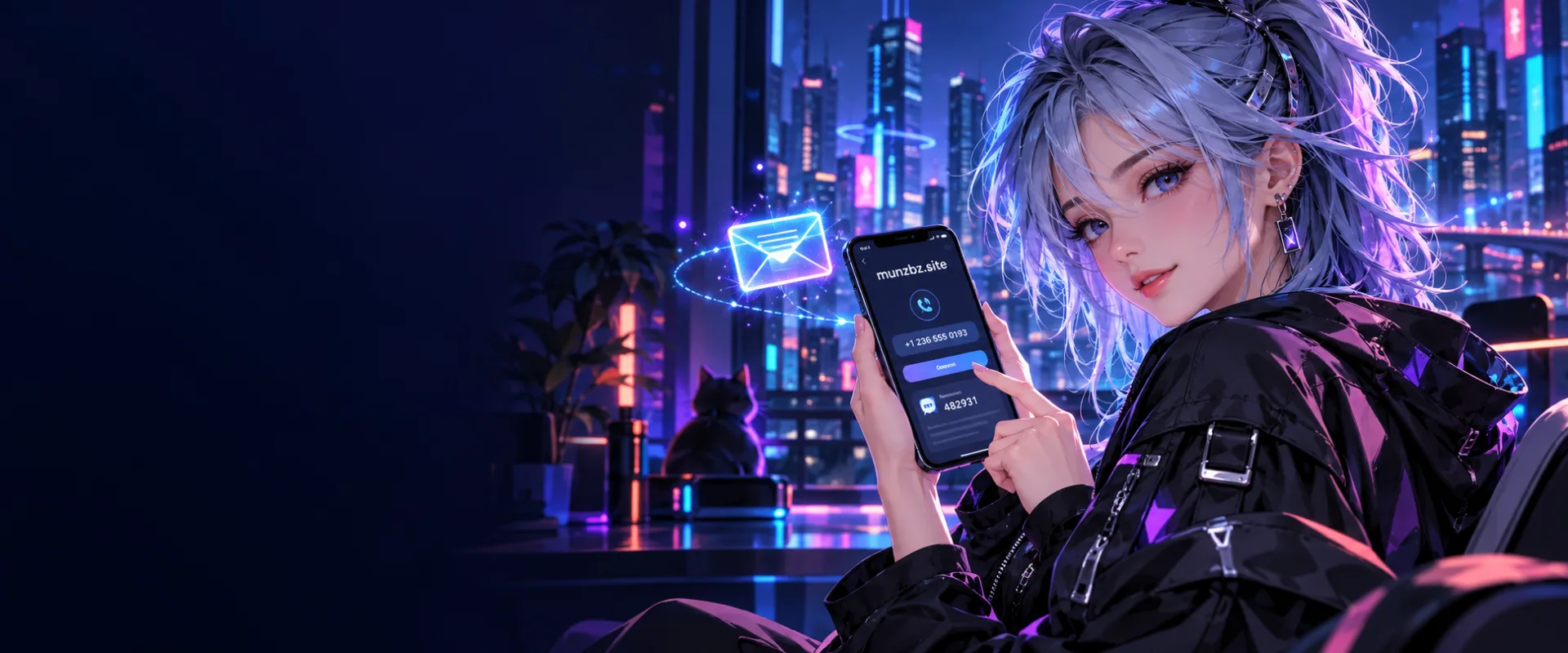 Nhân vật anime MunzBZ trong không gian công nghệ kết nối và tin nhắn